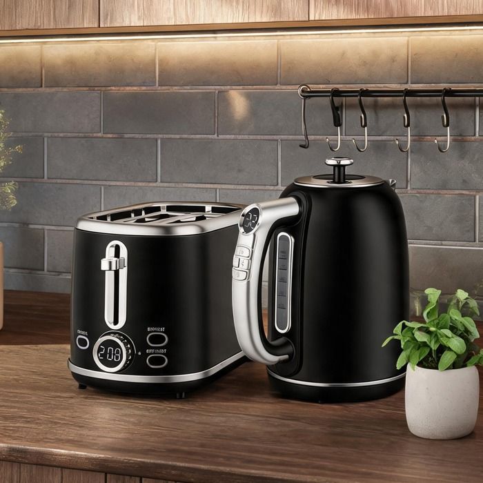 Set bouilloire et grille-pain noir ton rétro 17 L 2200 W affichage LED