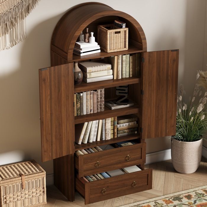 MEUBLIV Buffet haut 80 x 40 x 180 cm 2 portes 2 tiroirs MDF noyer effet cannage style vintage