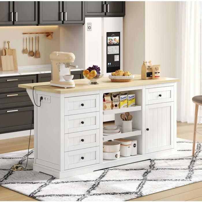 JOINERY meuble buffet rangement îlot central rabattable 150 x 65 x 75 5 cm MDF blanc et naturel 5 tiroirs prises USB