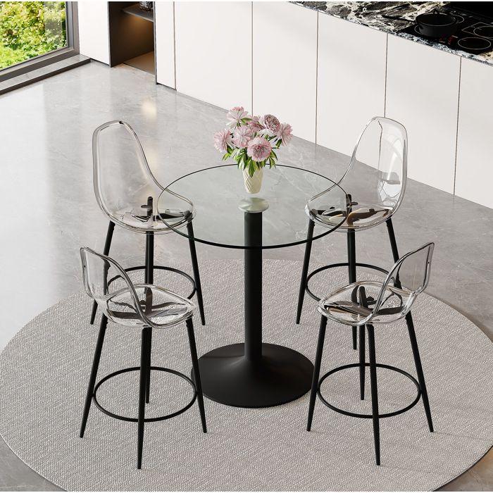 MEUBLIV Table de bar ronde en verre 89 cm avec 4 tabourets structure métal noire transparent