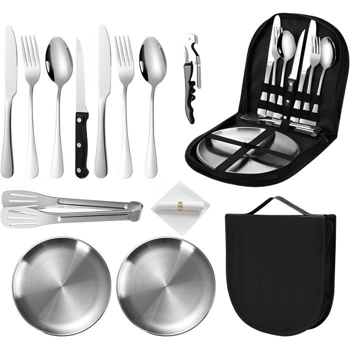 Couvert inox pique-nique 13 pièces - vaisselle camping 2 personnes avec sac de rangement  idéal randonnée et barbecue