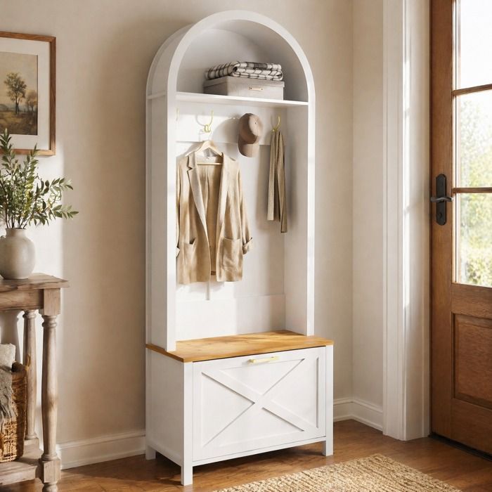VEVXYN meuble rangement vestiaire d entree porte manteau avec meuble a chaussures MDF blanc et bois 75 x 35 x 195 cm