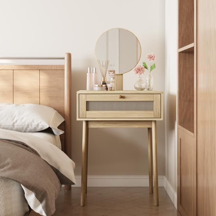 Coiffeuse en rotin avec miroir coiffeuse compacte jolie coiffeuse idéale pour les petites pièces (chaise non incluse)