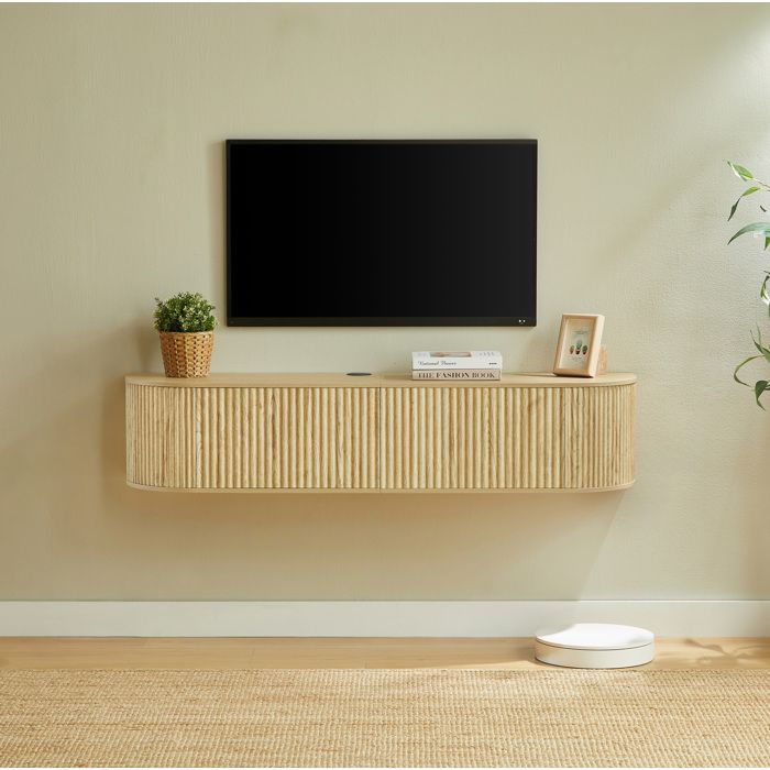 WOVREO Meuble TV mural suspendu 140 cm rangement passe-cables integre charnieres amorties bois naturel