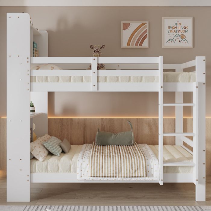 Lit superposé avec rangement – Blanc – 90 x 200 cm – échelle droite à 3 marches