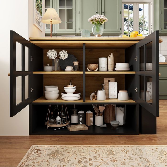 Buffet bas - SOGEU - Rotatif 360° - 5 plateaux - Extensible 138-204 cm - Portes verre trempé