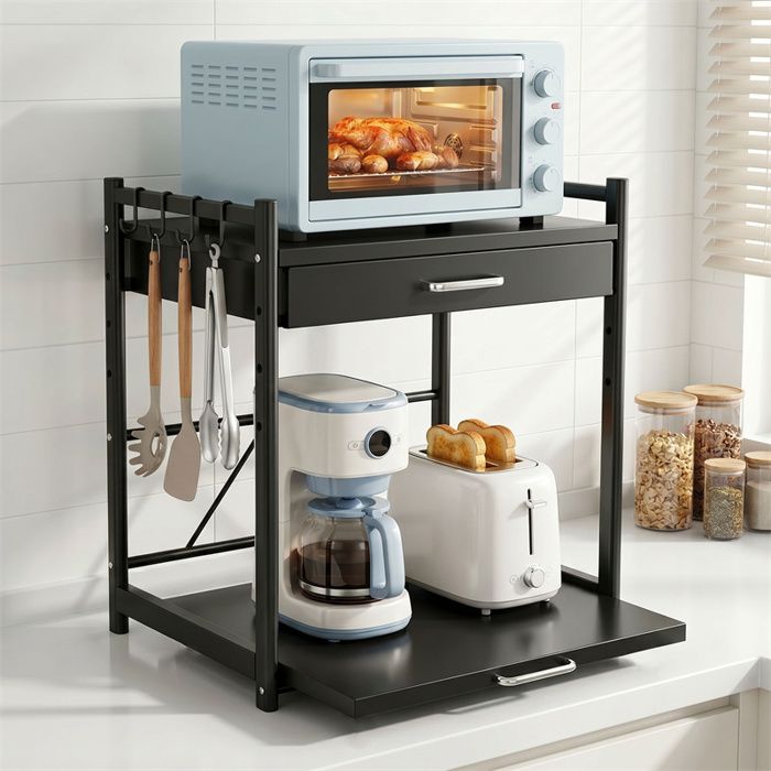 Étagère four micro‑ondes en fer 60 cm à hauteur réglable avec tiroir et plateau coulissant