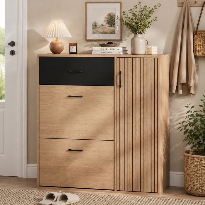 Meuble à Chaussures 100x35x106 cm Bois Naturel et Noir 2 Portes Abattantes 1 Tiroir 1 Porte 5 Compartiments MDF
