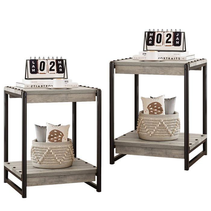 Garvee Lot de 2 tables dappoint carrées style rustique – Bout de canapé 2 niveaux bois & métal pour salon et chambre