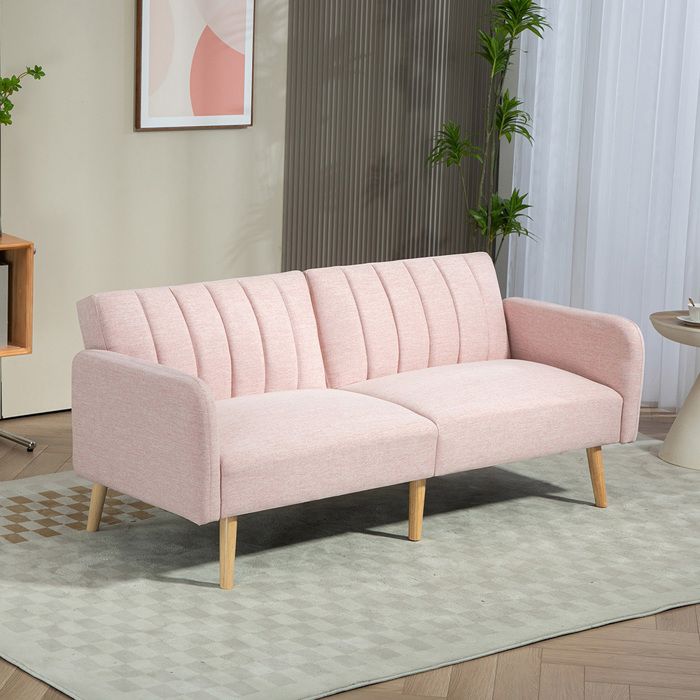 Canapé convertible 2 places - CRESTA - Canapé convertible 2P - Dossier 3 positions - Tissu aspect lin rose - Pieds bois Canapé convertible 2 places - CRESTA - Canapé convertible 2P - Dossier 3 positions - Tissu aspect lin rose - Pieds bois