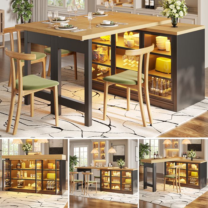 LEMLIT Îlot de Cuisine Pivotant 360° avec Table à Manger éclairage Multicolore Portes Vitrées 120-197x40x72 cm noir