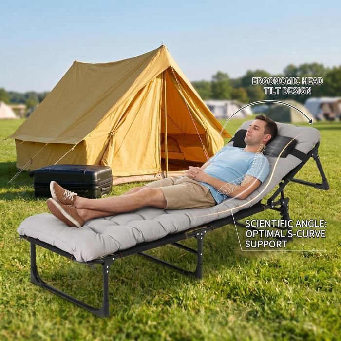KOIOPLIE Lit de camp pliant adulte 190 cm matelas épais Oxford 600D dossier réglable 5 positions pour camping Tri-Fold Camping