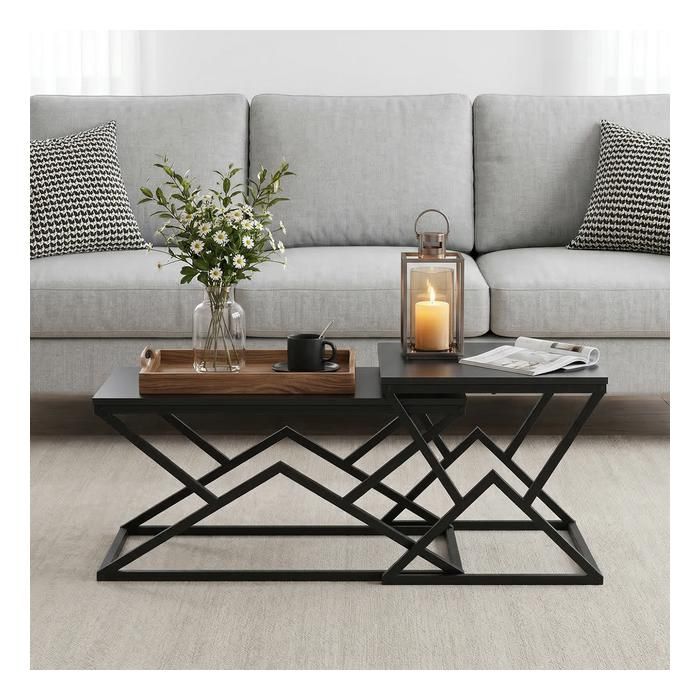 Table Basse HOMPANY Géométrique Moderne Noire Plateau Bois Structure Métal Stable Style Industriel Pour Salon