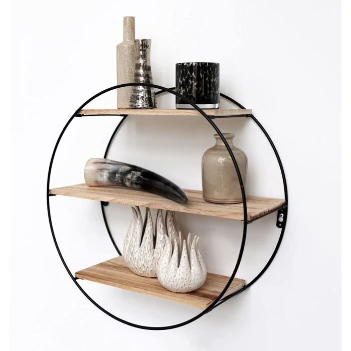 Étagère murale ronde en métal noir avec 3 tablettes en bois - 50 x 19 ...