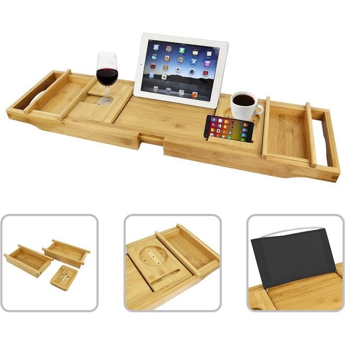 Étagère De Baignoire En Bambou Extensible 70-100 Cm – Planche Baignoire Multifonction Avec Support Verre, Tablette, Téléphone – Accessoire Spa Maison