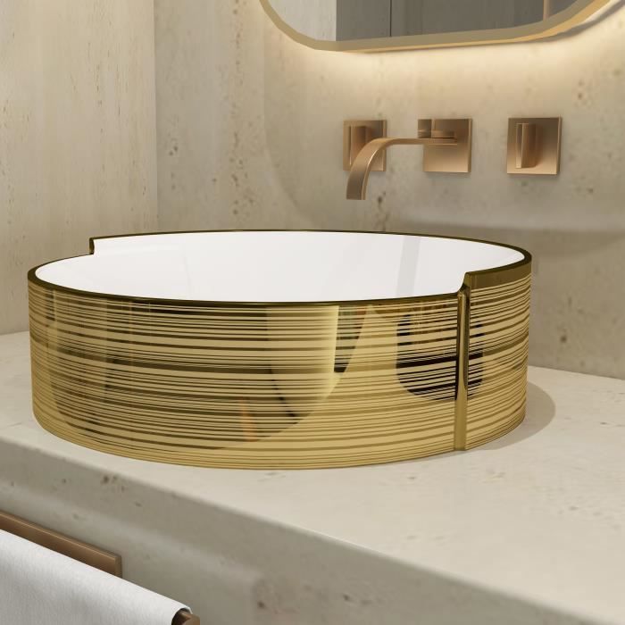 MEJE Vasque à rayures dorées de 42 x 42 cm, lavabo de salle de bain au-dessus du comptoir, évier en porcelaine et céramique.