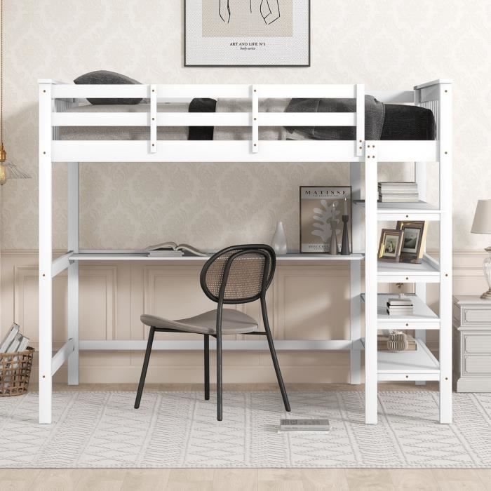 lit mezzanine enfant 140x200cm avec bureau et étagère de rangement en bois massif-blanc