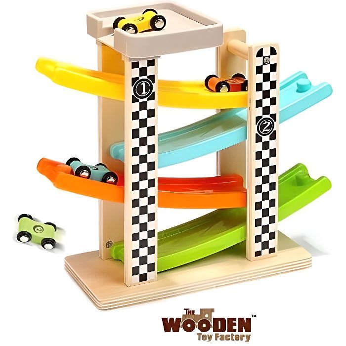 Jouets pour enfants,Jouet Garage Voiture Bois,Jouet Rampe de Course en Bois  avec 4 Voitures,cadeau de Noël - Cdiscount