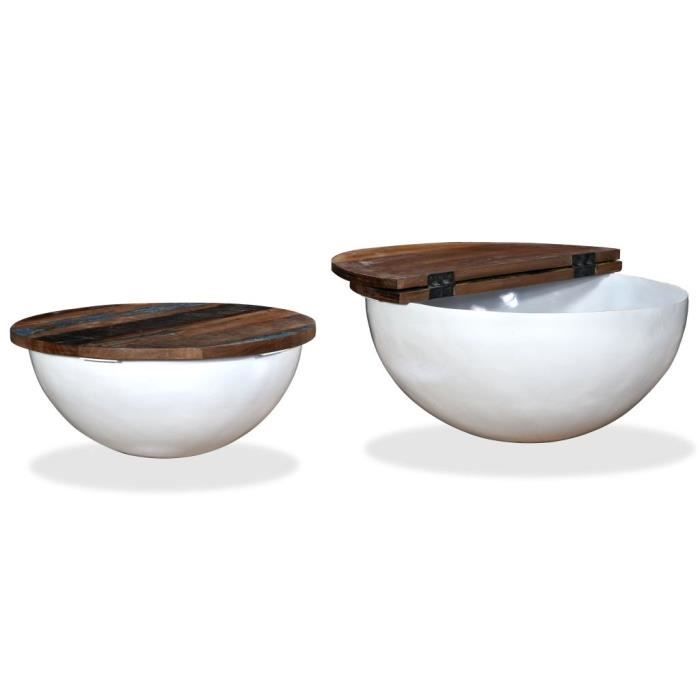 Table basse KAI en bois de récupération massif blanc forme bol - Meuble de salon