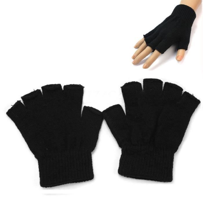 Chaud Hommes Noir Tricot Extensible Élastique Chaud Demi Doigt Mitaines