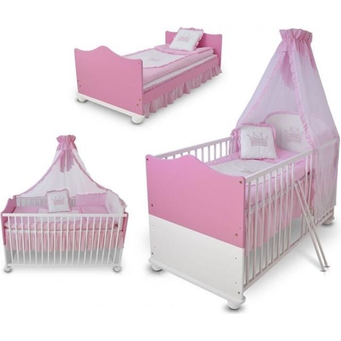 Lit Bebe Evolutif Berceau Bebe Lit Junior En Bois Princesse Rose 140 X 70 Cm Matelas Sommier A Lattes Set De Lit Ciel Cdiscount Puericulture Eveil Bebe