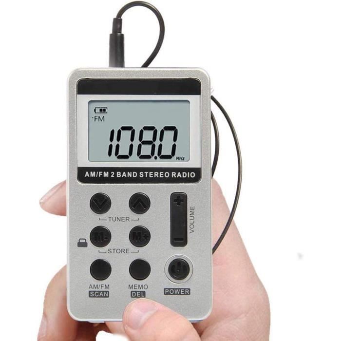 Radio Portable AM/FM Annadue - Haut-parleur Intégré - Alimentation 2 Piles AA - Compacte 9,5 Cm - Gris Argenté - Pour Camping, Randonnée, Urgence