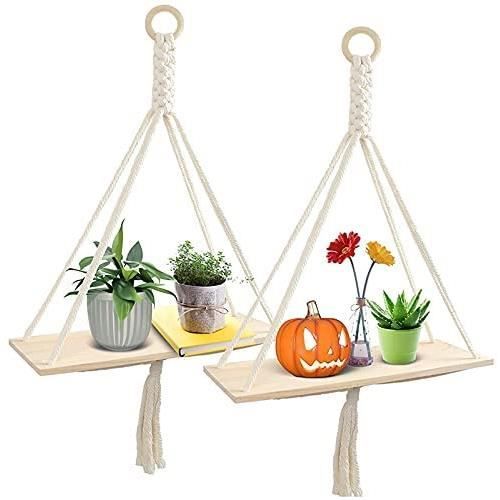 Étagère Murale Bohème En Macramé Et Bois - Porte-plantes Suspendu, Décoration Murale à Feuilles Tissées Main