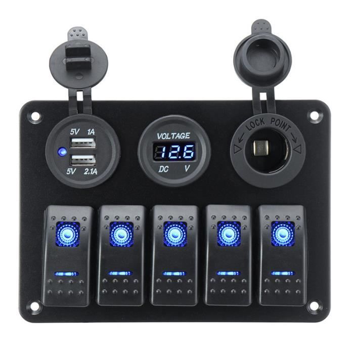 Panneau Interrupteur 5 Gang Étanché 12V/24V Avec Voltmètre LED – Pour Voiture, Bateau, Camion – Bleu Avec USB Et Protection
