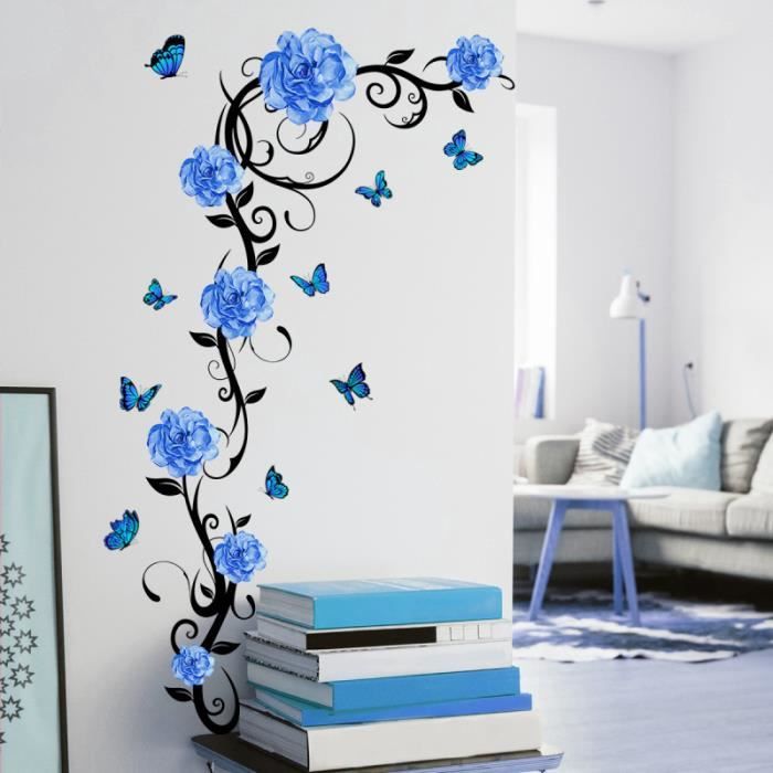 Stickers Muraux Fleurs Bleues Decalmile - Autocollant Vigne Glycine Pour Chambre, Salon, Bureau