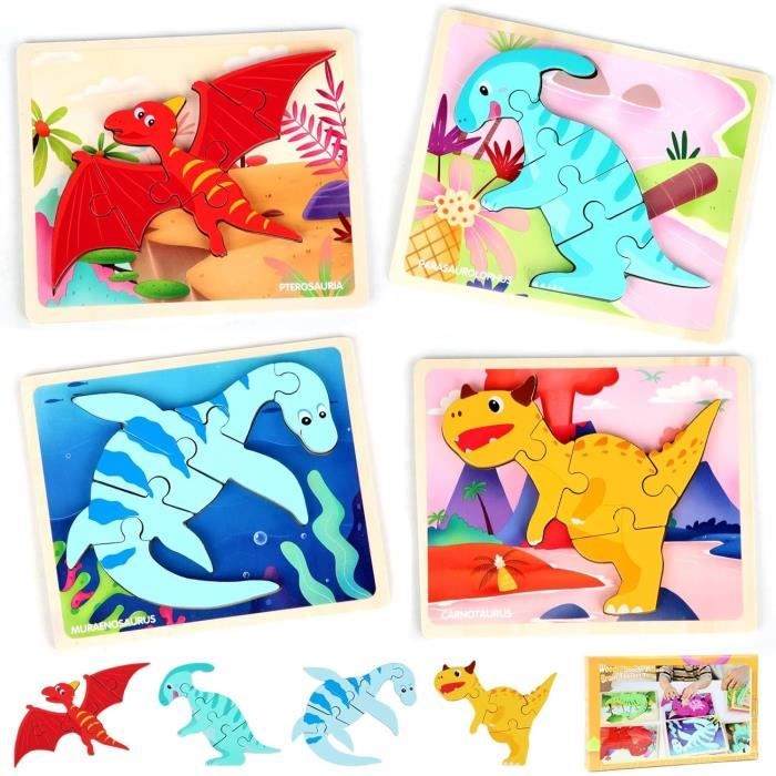 Puzzle Enfant 1 2 3 Ans, 4 Pièces Puzzle Bois Dinosaure Puzzle Bebe ...