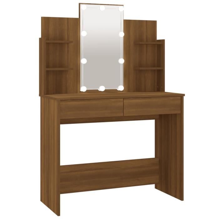 Coiffeuse - ZJCHAO - Chêne marron - 96x40x142 cm - 2 tiroirs - LED avec