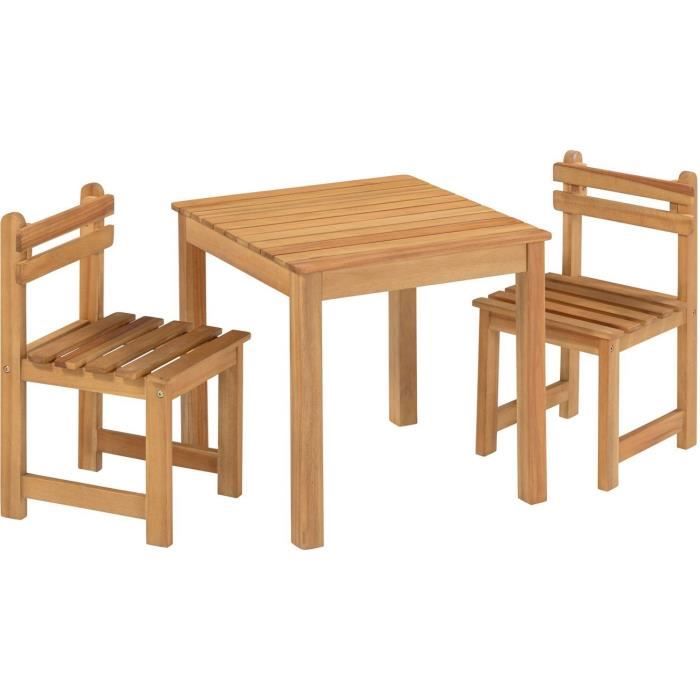 Ensemble repas de jardin pour enfant - 2 personnes - Table carrée 50 x 50 x 50 cm et 2 chaises - Bois Acacia FSC