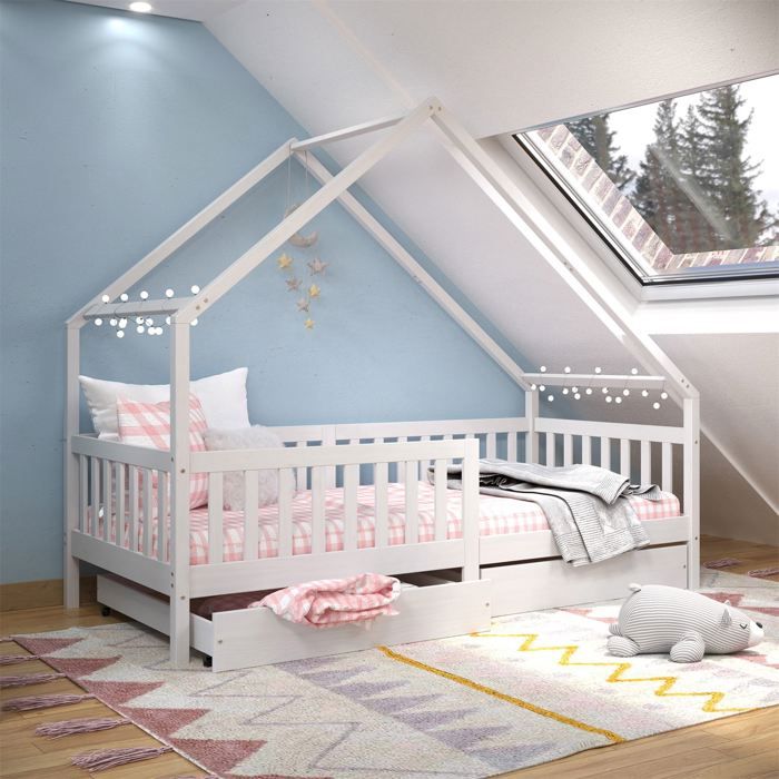 Lit cabane asym&eacute;trique ALVA avec tiroirs, 90 x 200 cm en pin massif lasur&eacute; blanc