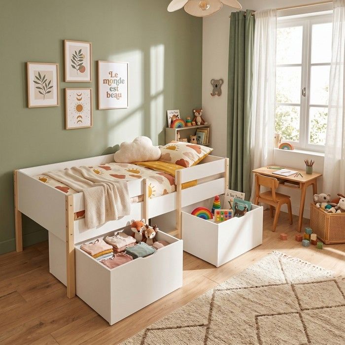 Lit mi-hauteur ZEPHIR 90x190 + 2 grands tiroirs + sommier / Blanc & vernis naturel Lit mi-hauteur ZEPHIR 90x190 + 2 grands tiroirs + sommier / Blanc & vernis naturel