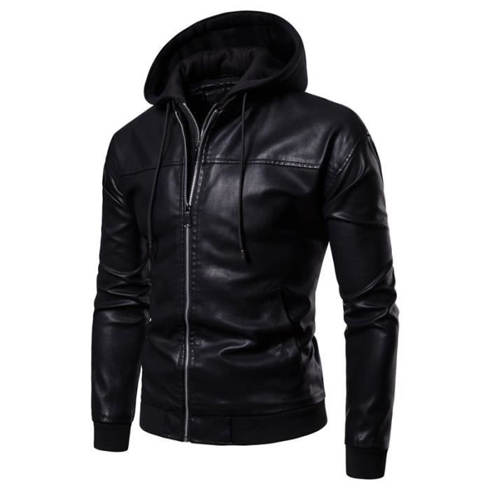 Veste Homme en PU Cuir Noir Slim Fermeture eclair laterale Col rabattu Automne Hiver Noir Cdiscount Pret a Porter