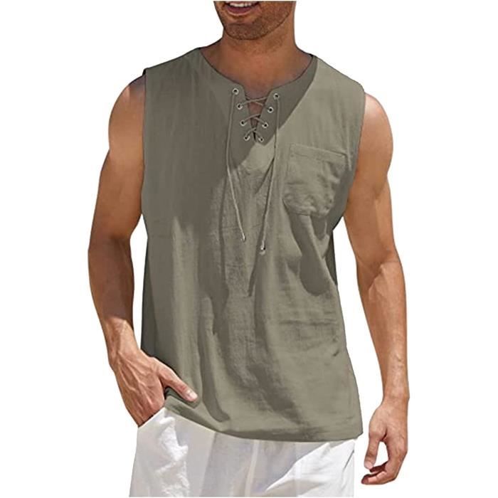 Débardeur Homme En Lin Et Coton - Léger, Respirant - Idéal été, Plage, Sport, Vacances - Coupe Confortable - Couleur Unie