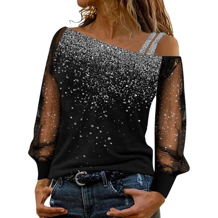 T-shirt Manches Longues Femme Imprimé Paillettes Mesh - Matière Douce, Coupe Ajustée, Décontracté - 2