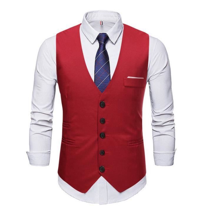 Gilet de Costume Business Homme Slim Fit Sans Manches Col V Couleur Unie Pour Mariage Soirée Fête - Rouge