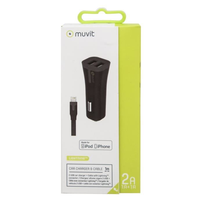 MUVIT TAB Pack chargeur voiture 2USB +Cable 2A USB/lightning - 1m - Noir