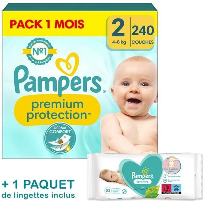 Pampers Couches Taille 2 (4-8 kg), Premium Protection, 240 Couches Bébé,  Multi Pack, Notre N°1 Pour La Protection Des Peaux Sensibles : :  Bébé et Puériculture