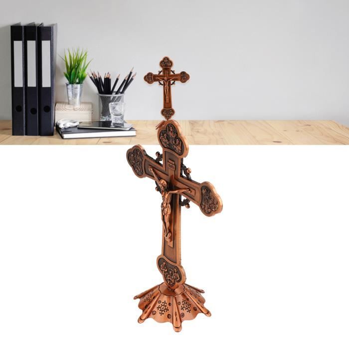 AMONIDA Croix Catholique Alliage Zinc - Crucifix Mur Ou Table Avec Socle Fait Main Argent