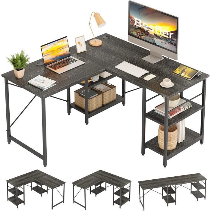 Bureau D'angle Bestier 113cm Avec étagère Et LED - Idéal Petit Espace Travail