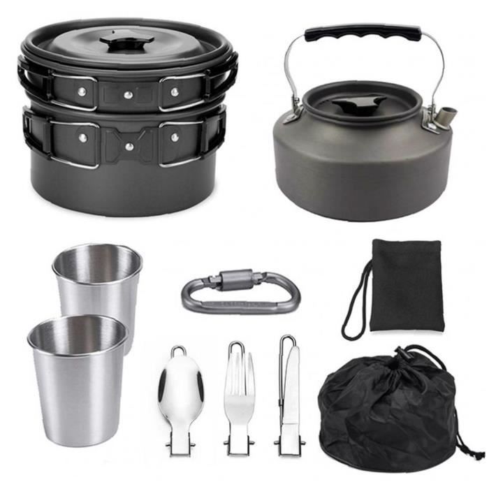 cuetware pot set coupes pliant théière théière kit cuisinière bouilloire aluminium randonnée camping en plein air noir