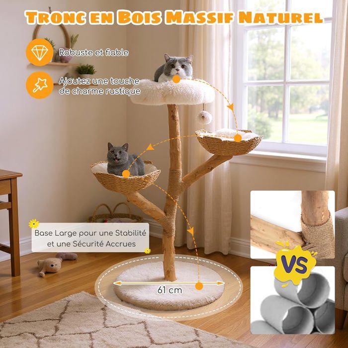 Arbre à Chat Happy & Polly 129,5 Cm - Tour à Oiseaux Stable Pour Grands Chats - Multi-Niveaux Avec Griffoirs - Facile à Assembler