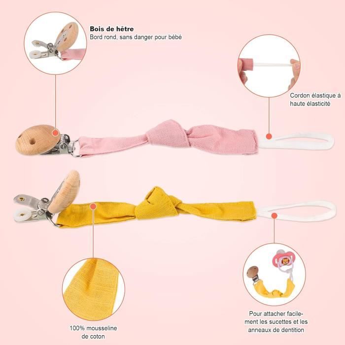 Lot De 5 Attaches Tétine Tissu Personnalisé - Chaîne Sucette Bébé Fille Garçon - Rose