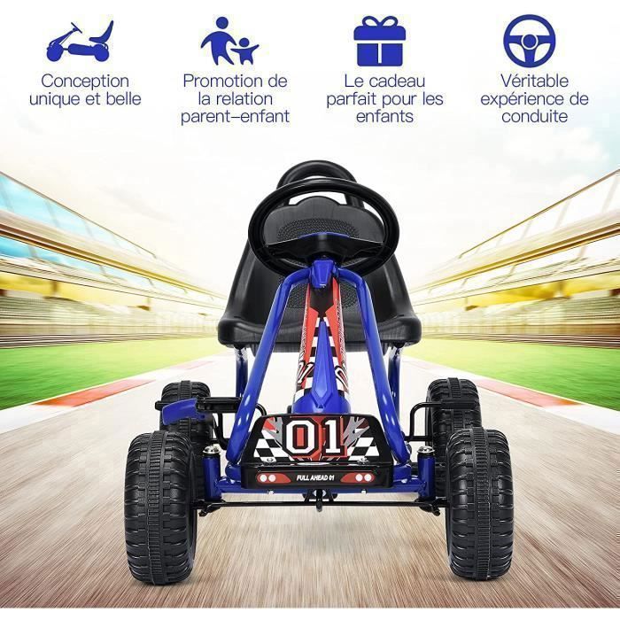 Kart à Pédales Pour Enfants 3-6 Ans - Siège Réglable, Frein à Main - Charge Max 30 Kg - Dimensions 92x50x53 Cm - Bleu
