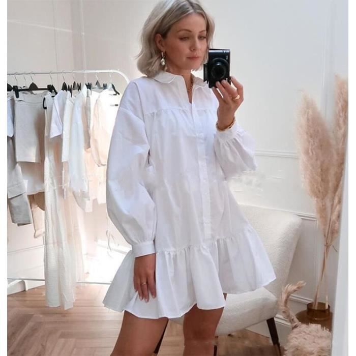 Robe Robe chemise blanche a volants manches lanternes col rabattu bouton ample Mini robe pour femmes automne Type White1 Blanc Cdiscount Pret a Porter