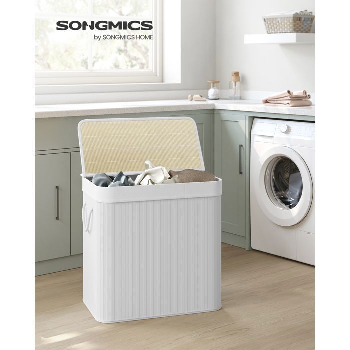 Panier à Linge En Bambou 150L – 3 Compartiments De Tri, Couvercle, Sacs Amovibles Lavables – Design Naturel Élégant