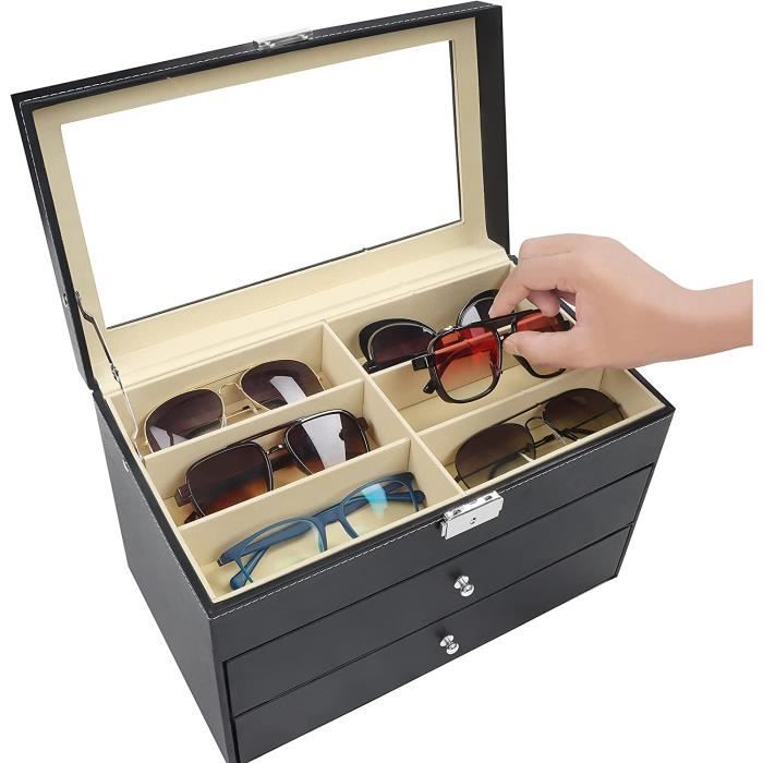 Kurtzy Boite a Lunette de Soleil en Faux Cuir Noir 18 Fentes a