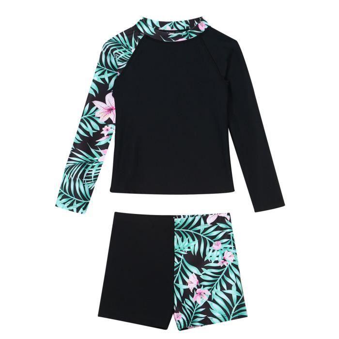 Maillot de bain 1 pièce imprimé tropical fille - vert sapin, Fille